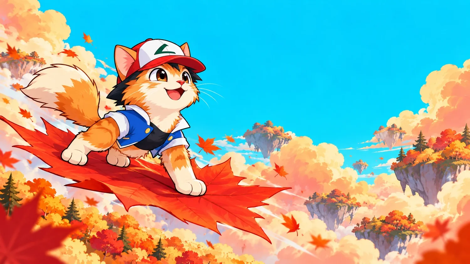 The cat surfing a giant red maple leaf through an autumn sky