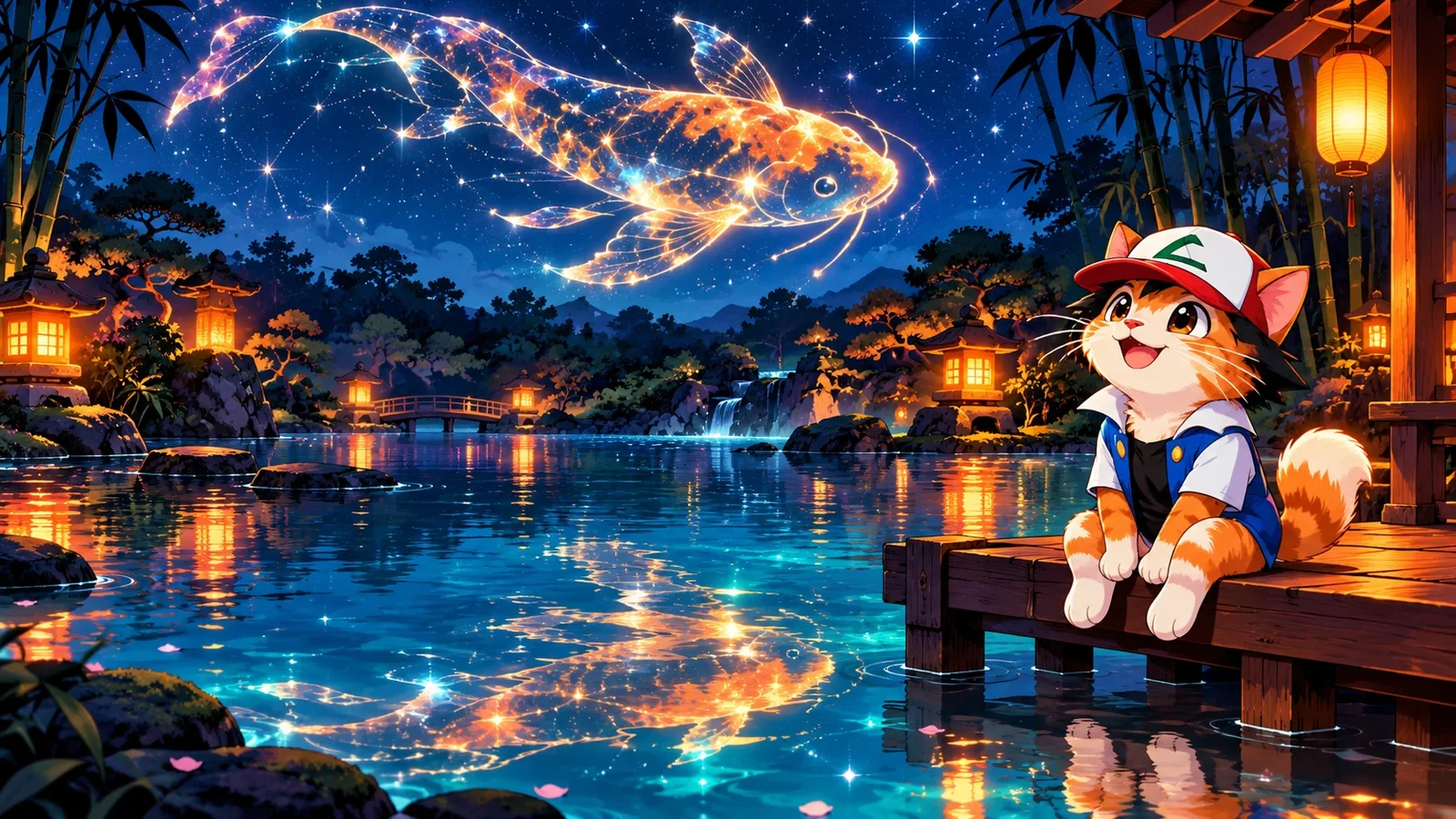 The cat on a wooden dock at night, looking up at a glowing koi made of stars above a lantern-lit pond